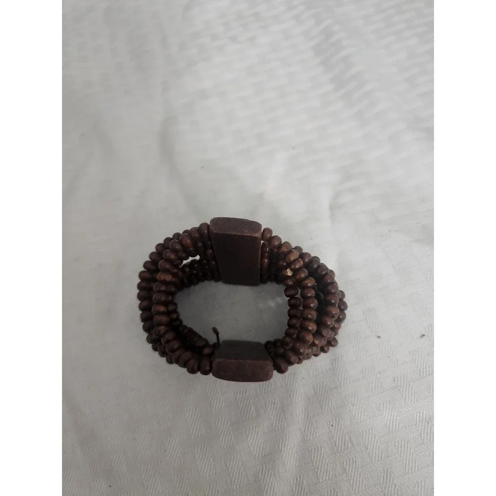 Boho Wide Multi Strand Brown Wood Bead Stretch Cuff Bracelet with Spacer Bars
